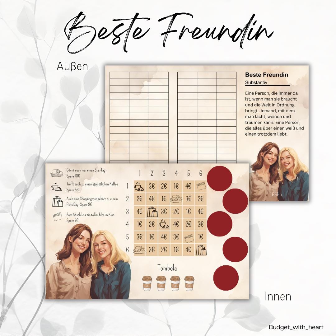 Beste Freundin Klappkarte, Sparchallenge, Budgeting, Umschlagmethode, passend für A6 Binder