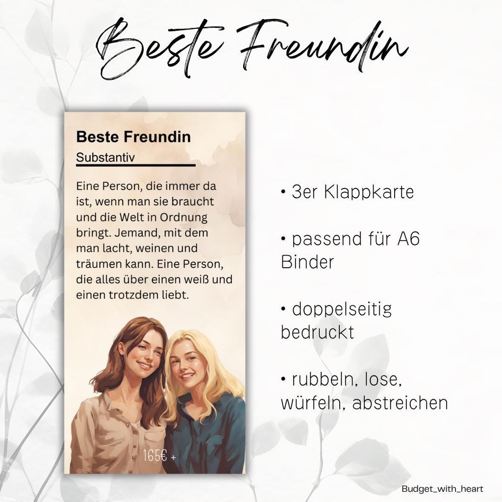 Beste Freundin Klappkarte, Sparchallenge, Budgeting, Umschlagmethode, passend für A6 Binder