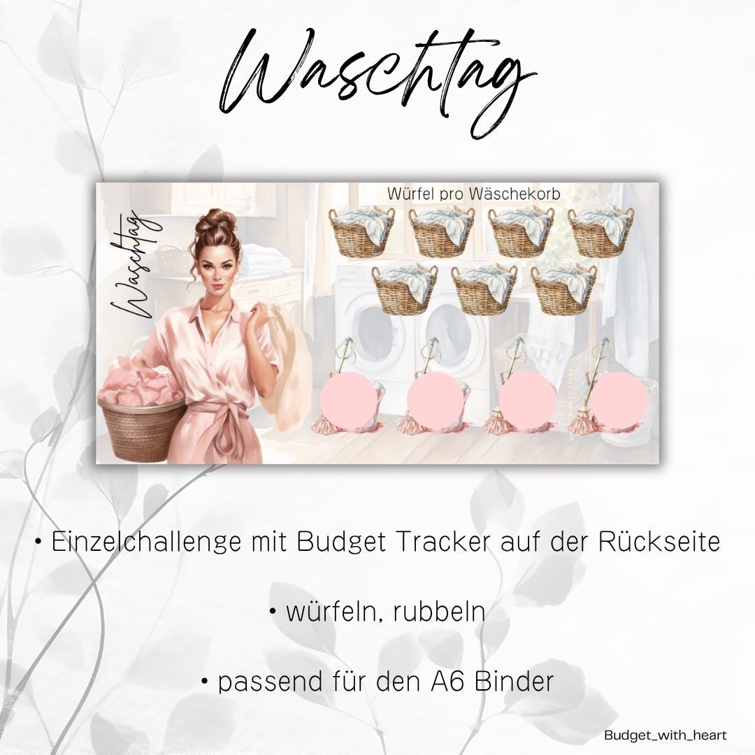 Waschtag Sparchallenge, Budgeting, Umschlagmethode, passend für A6 Binder